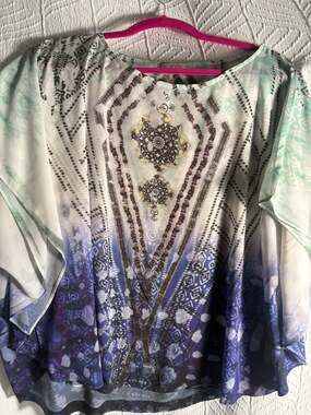 Halo Women's 1X Plus Size Short Kaftan Blouse Top Blue Green Abstract Pattern